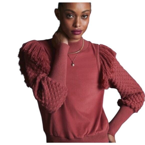 Dolan Anthropologie Fringed Sweater Size L Textured Sleeves Rose Red - Picture 1 of 12